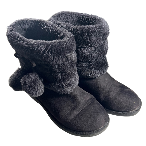 Pre-owned Makalu California faux fur black ankle boots for women, size 6.5, available at Our Families Attic. Featuring a cozy faux fur lining and exterior, decorative pom poms, and a suede outer. Dimensions: 10 inches heel to toe, 7 inches shaft height. Gently used condition.