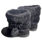 Pre-owned Makalu California faux fur black ankle boots for women, size 6.5, available at Our Families Attic. Featuring a cozy faux fur lining and exterior, decorative pom poms, and a suede outer. Dimensions: 10 inches heel to toe, 7 inches shaft height. Gently used condition.