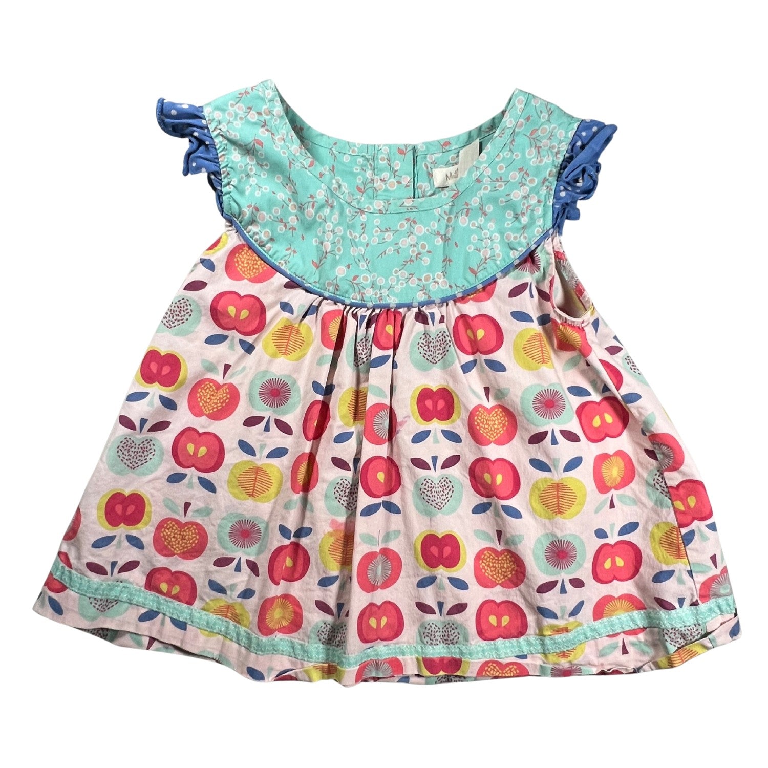 Matilda Jane Lucia Shabby Apple Top, Girls Size 6, light multicolor apple & floral print, ruffle sleeves, button back, pre-owned at Our Families Attic.