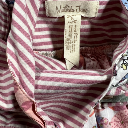 Pre-owned Matilda Jane Parasol Knot Top for girls, size 6, featuring a light multicolor design of pink, green, and blue, with a charming knot detail, decorative buttons, and crisscross straps, available at Our Families Attic.