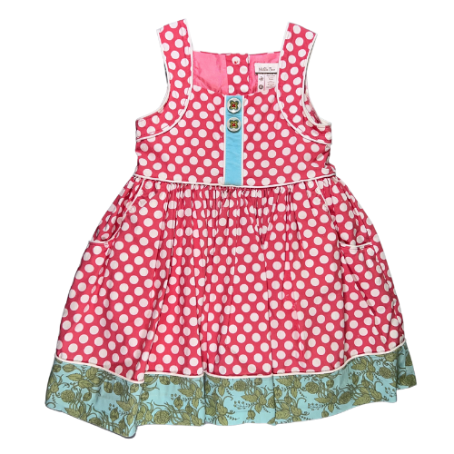 Pre-Owned Polka Dot Sleeveless Dress  Brand: Matilda Jane Size: Little Girl's 6  Color: Melon (orange), white polka dots and trim, blue and green floral trim.* Features: Sleeveless, 1.75" shoulders, cute decorative buttons on the front, 4-button closure on back, wide floral hem, 2 pockets, satin liner, and tule under the skirt. Material:   Body - 69% Cotton, 28% Nylon, 3% Spandex Liner - 100% Polyester Condition:  Great,  Gently used. Online thrift store - Our Families Attic