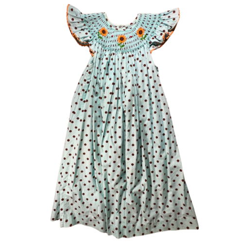 Pre-owned Mom & Me Aqua Smocked Dress with Brown Polka Dots for little girls, size 6X, featuring rickrack trim on the shoulder ruffle, sunflower embroidery, and a 4-button closure, available at Our Families Attic.