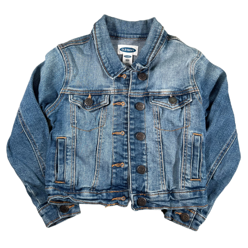 Pre-Owned Jean Jacket Brand: Old Navy Size: Toddler girl size XS-5 Color: Stonewash Features: Long sleeves with rolled cuffs, button-up, button cuff, collar, 4 pockets Material:  99% Cotton, 1% Spandex Condition:  Gently used. Very good condition.  Online thrift store - Our Families Attic.