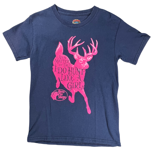 Pre-owned "I Do Hunt Like a Girl" T-Shirt for little girls, size small, from Outdoor Kids Bass Pro Shops, featuring a dark blue color with a cute pink deer graphic and playful text, available at Our Families Attic.