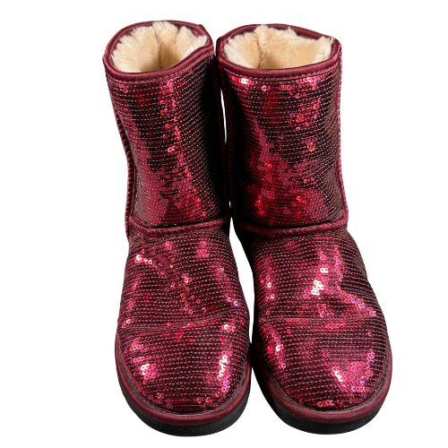 Front view of UGG Classic Sparkle Sequin Boots in RBR Red – Limited Holiday Edition Size 7