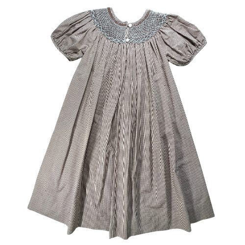 Pre-owned Royal Child Brown & White Gingham Smocked Dress for little girls, size 6, featuring puff sleeves, blue stitched smocking on the neckline, and a classic gingham pattern, available at Our Families Attic.