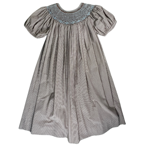 Pre-owned Royal Child Brown & White Gingham Smocked Dress for little girls, size 6, featuring puff sleeves, blue stitched smocking on the neckline, and a classic gingham pattern, available at Our Families Attic.