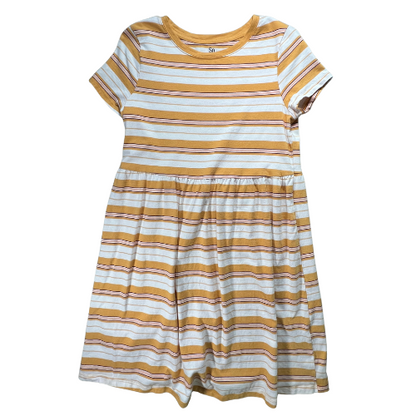 Pre-owned SO mustard yellow striped t-shirt dress for big girls, size medium, available at Our Family's Attic. Features short sleeves, a round neckline, and a soft, comfortable fit with stylish stripes in white, dark rust red, and pink. Perfect for casual wear!