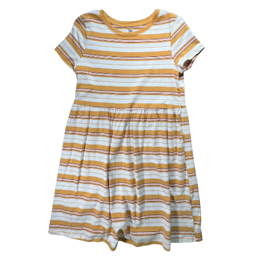 Pre-owned SO mustard yellow striped t-shirt dress for big girls, size medium, available at Our Family's Attic. Features short sleeves, a round neckline, and a soft, comfortable fit with stylish stripes in white, dark rust red, and pink. Perfect for casual wear!