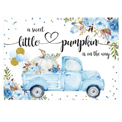It's a boy! A sweet little pumpkin is on the way photo background. Main color is blue with fall florals, balloons, and pumpkin in old blue truck. New. Our Families Attic
