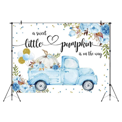 It's a boy! A sweet little pumpkin is on the way photo background. Main color is blue with fall florals, balloons, and pumpkin in old blue truck. New. 5x7ft. Hang with clips. Our Families Attic