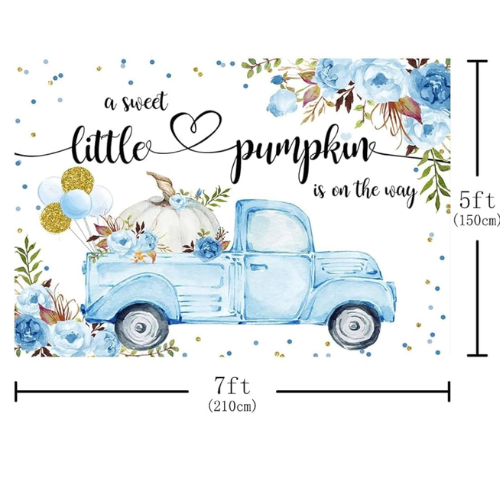 It's a boy! A sweet little pumpkin is on the way photo background. Main color is blue with fall florals, balloons, and pumpkin in old blue truck. 5x7ft. New. Our Families Attic