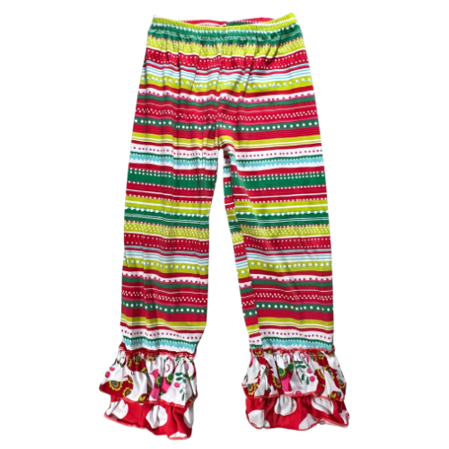 Pre-Owned colorful striped ruffled pants for girls, size 6-7 Y, by Tutu & Lulu, available at Our Families Attic. Features an elastic waist, ruffles on the hem, and playful prints of polka dots, stripes, and birds. Excellent used condition, perfect for playful outings.