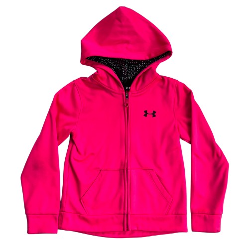 Pre-Owned Under Armour Lightweight Jacket Brand: Under Armour Size: Little Girl size 6 Color: Bright pink Features: Zipper closure, long sleeve, lightweight soft fleece on the inside, lined hood, front pockets Material: 100% Polyester Condition: Very good condition - a few minor stains on elbow and sleeves. Name written on tag. Used clothing - Our Families Attic