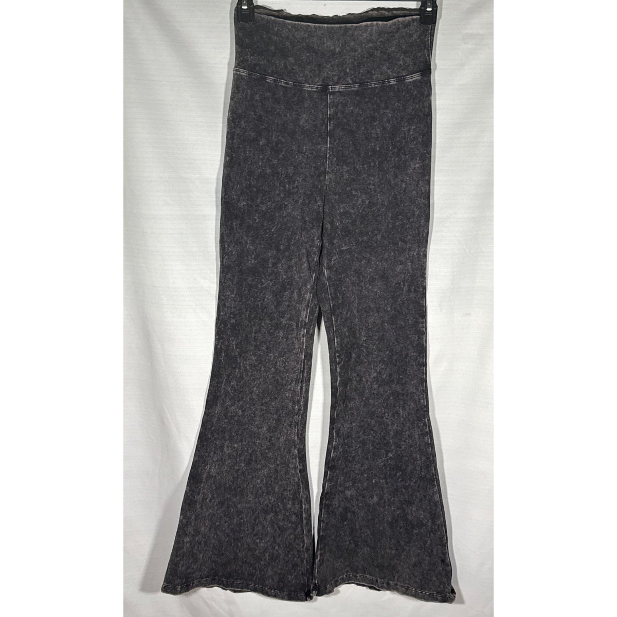 Front view of Zenana Signature women’s large washed black leggings with a wide waistband and flared legs.