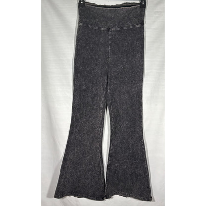 Front view of Zenana Signature women’s large washed black leggings with a wide waistband and flared legs.