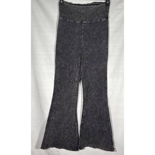 Front view of Zenana Signature women’s large washed black leggings with a wide waistband and flared legs.