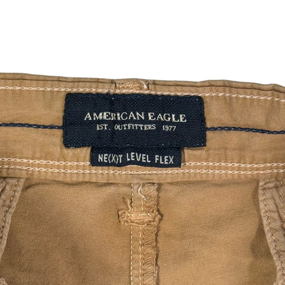 Close-up of American Eagle label on beige pants