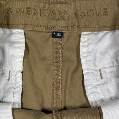 Close-up of a brown fabric with 'American Eagle' branding and a 'Flex' label.