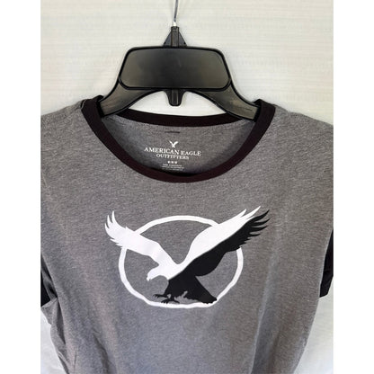 Printed American Eagle Outfitters men’s size Medium label and close-up of the black-and-white eagle graphic