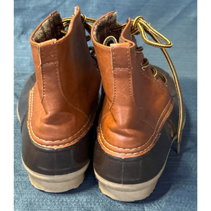 Back view of ANNA brown duck boots showing pull tabs, contrast stitching, and low heels.