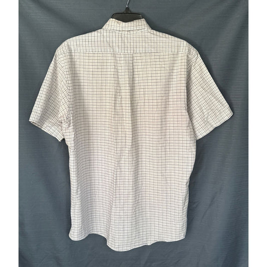Back view of Arrow Dover men’s white and blue micro-check short-sleeve shirt with center box pleat.