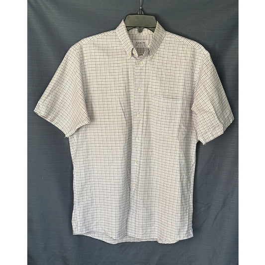 Front view of Arrow Dover men’s size 15.5 white short-sleeve shirt with a small blue micro-check pattern.