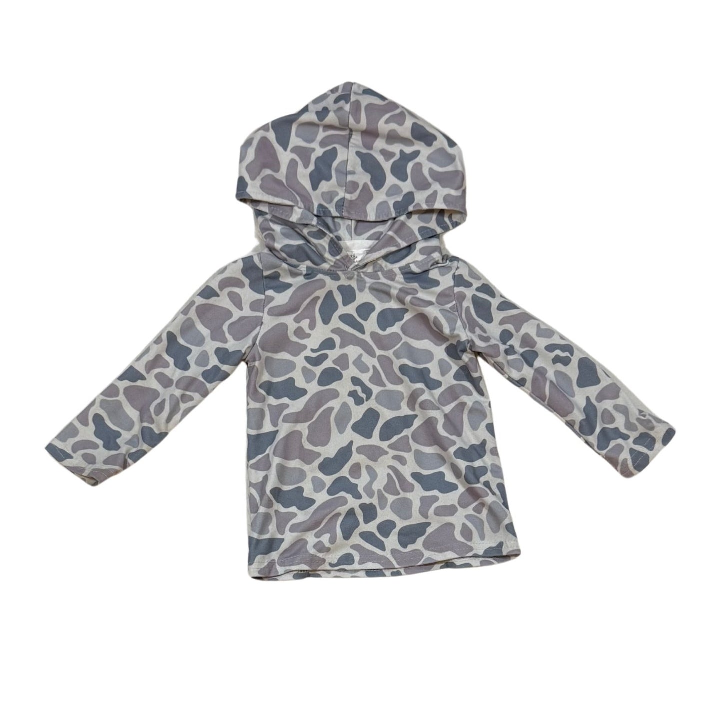 Front of baby boy gray camouflage pullover hoodie size 6-12 months
