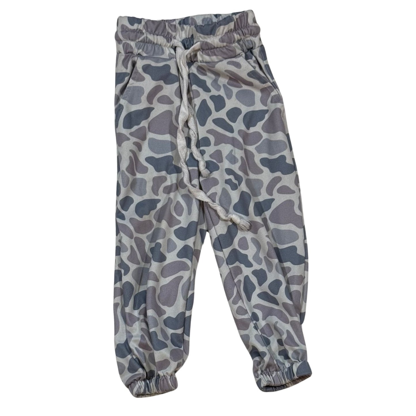 Front of baby boy gray camo jogger pants with drawstring and pockets