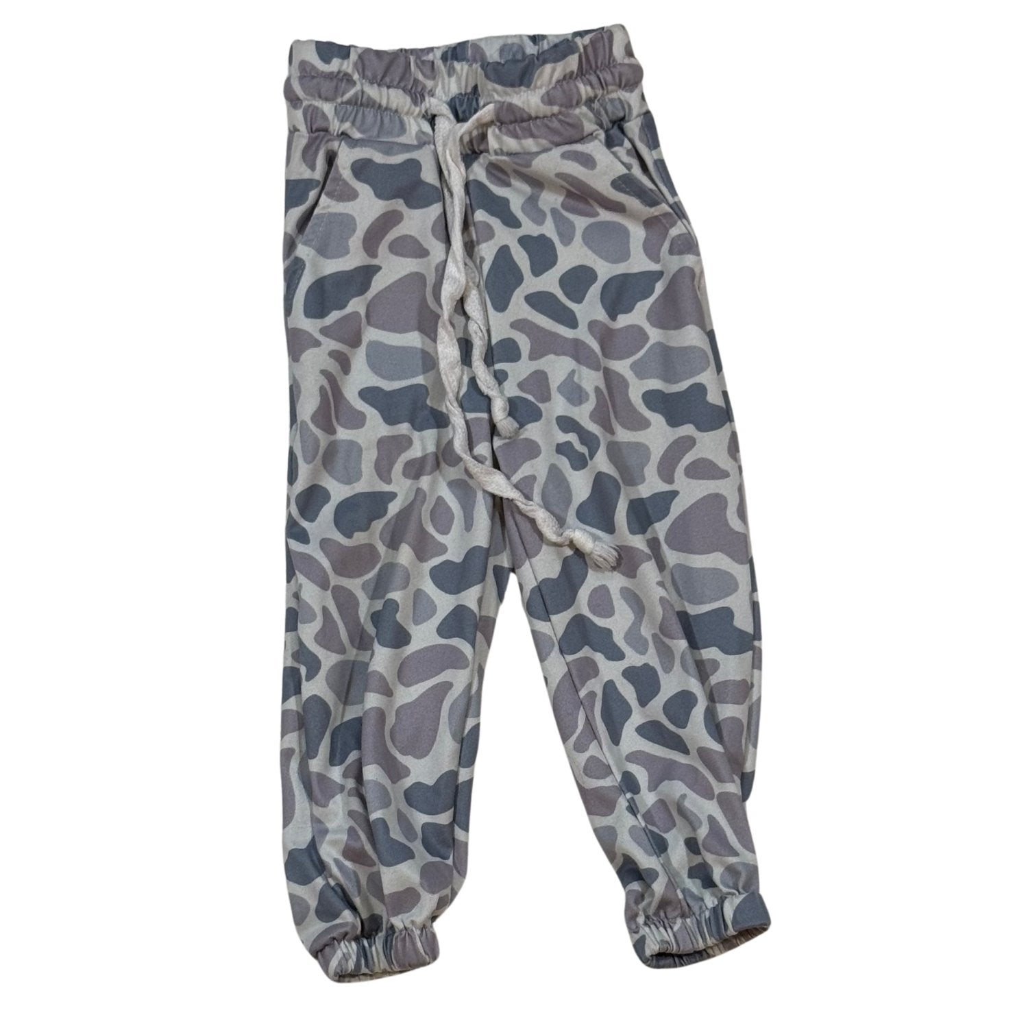 Front of baby boy gray camo jogger pants with drawstring and pockets
