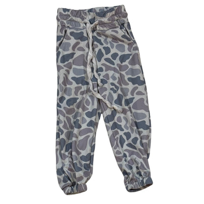 Front of baby boy gray camo jogger pants with drawstring and pockets