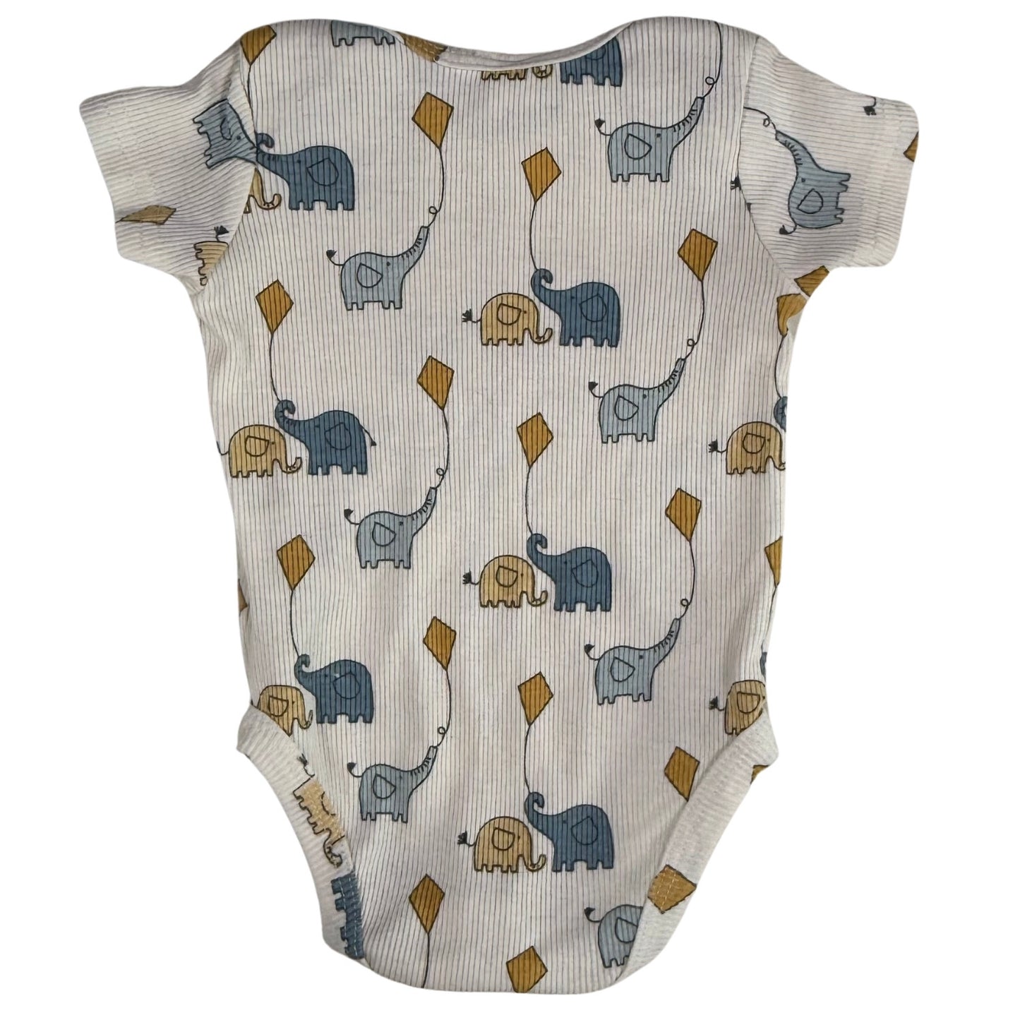 Baby onesie with elephant pattern on a cream background back view