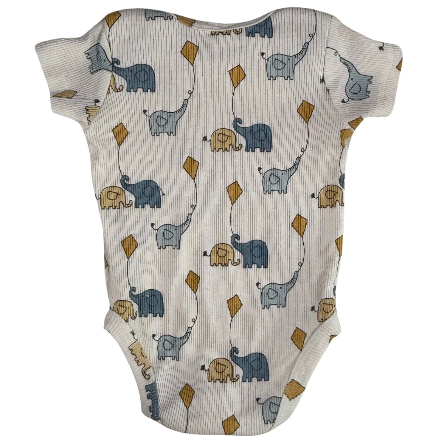 Baby onesie with elephant pattern on a cream background back view