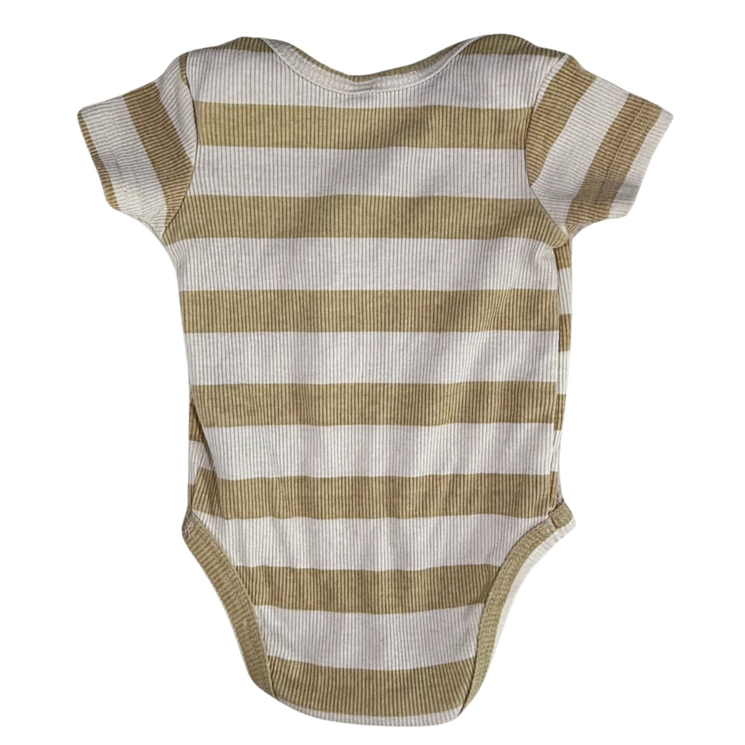 Striped baby onesie with yellow and cream horizontal stripes on a white background back view