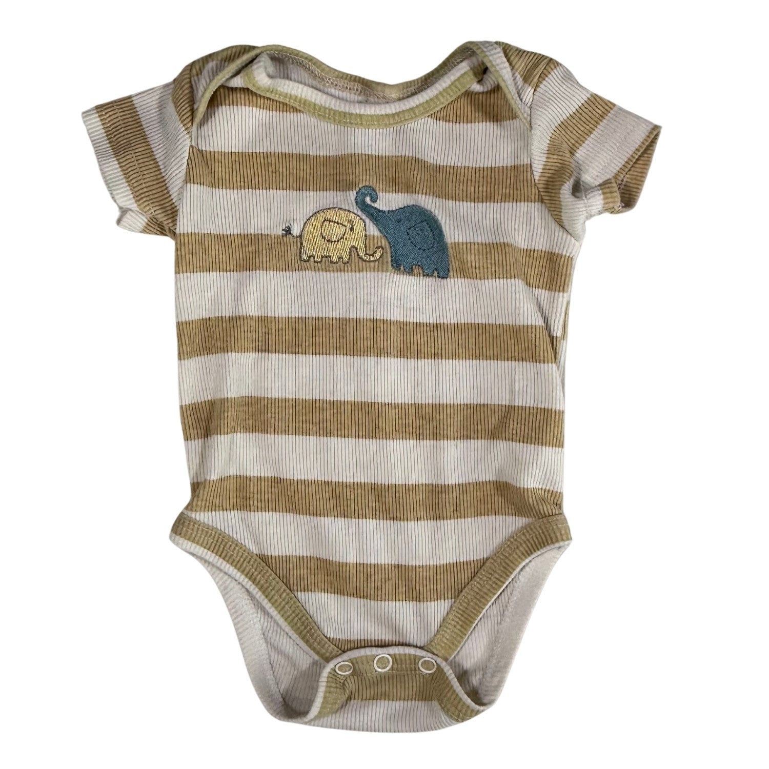 Striped baby onesie with elephant applique on a cream background 