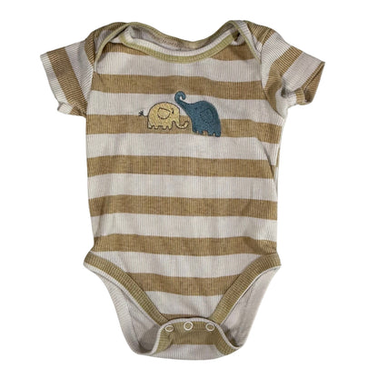 Striped baby onesie with elephant applique on a cream background 