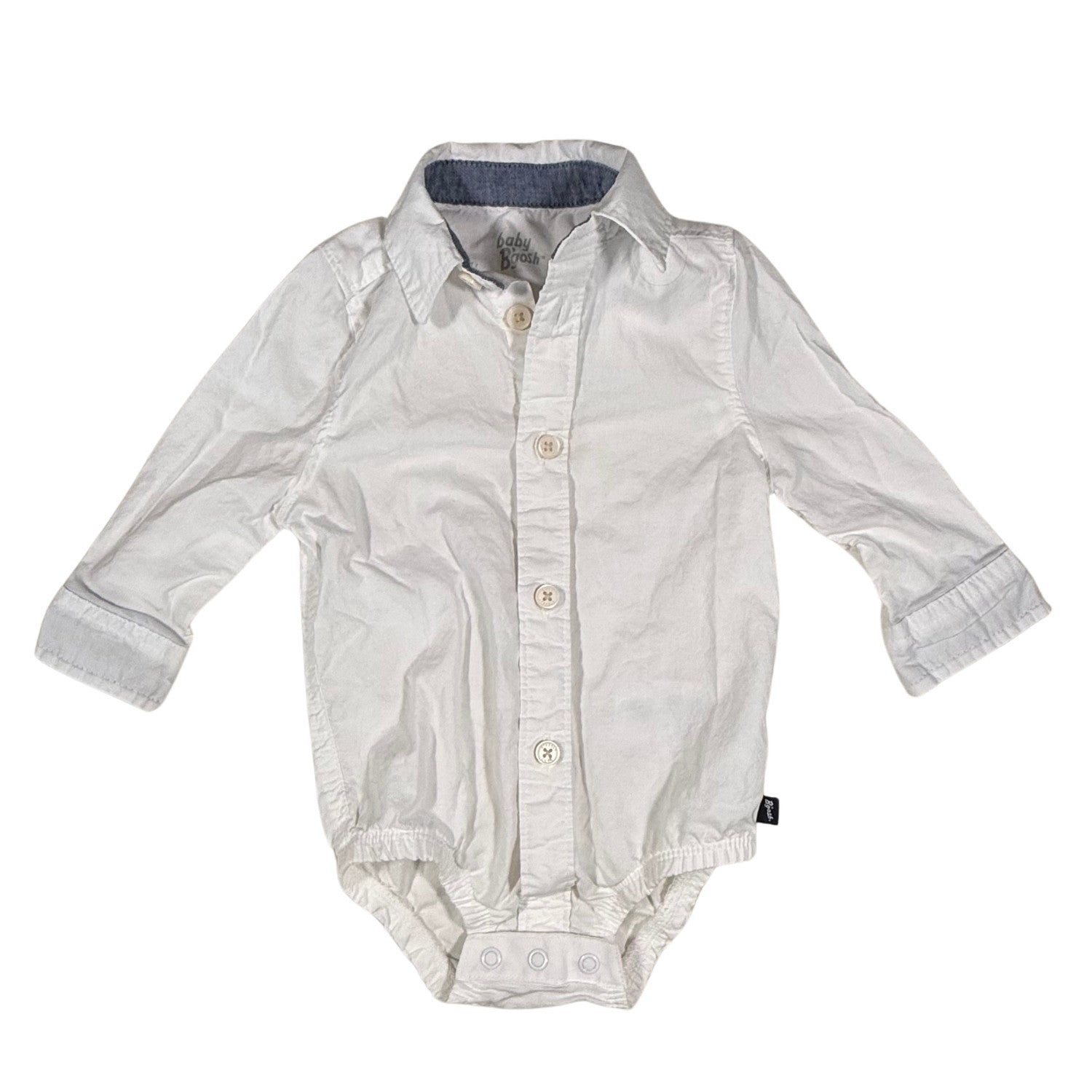 Baby boy white collared dress shirt onesie with blue trim front view