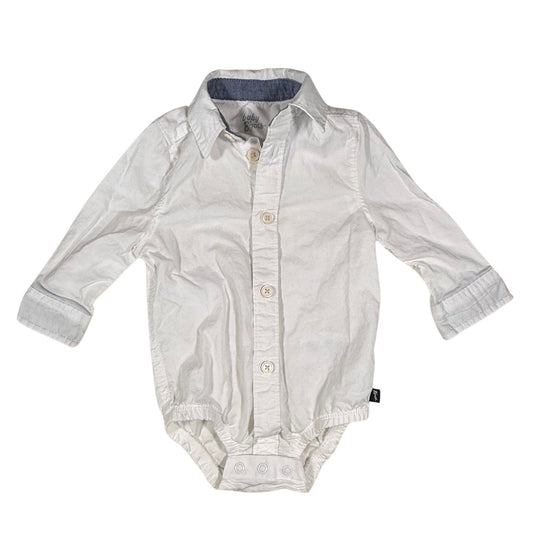 Baby boy white collared dress shirt onesie with blue trim front view