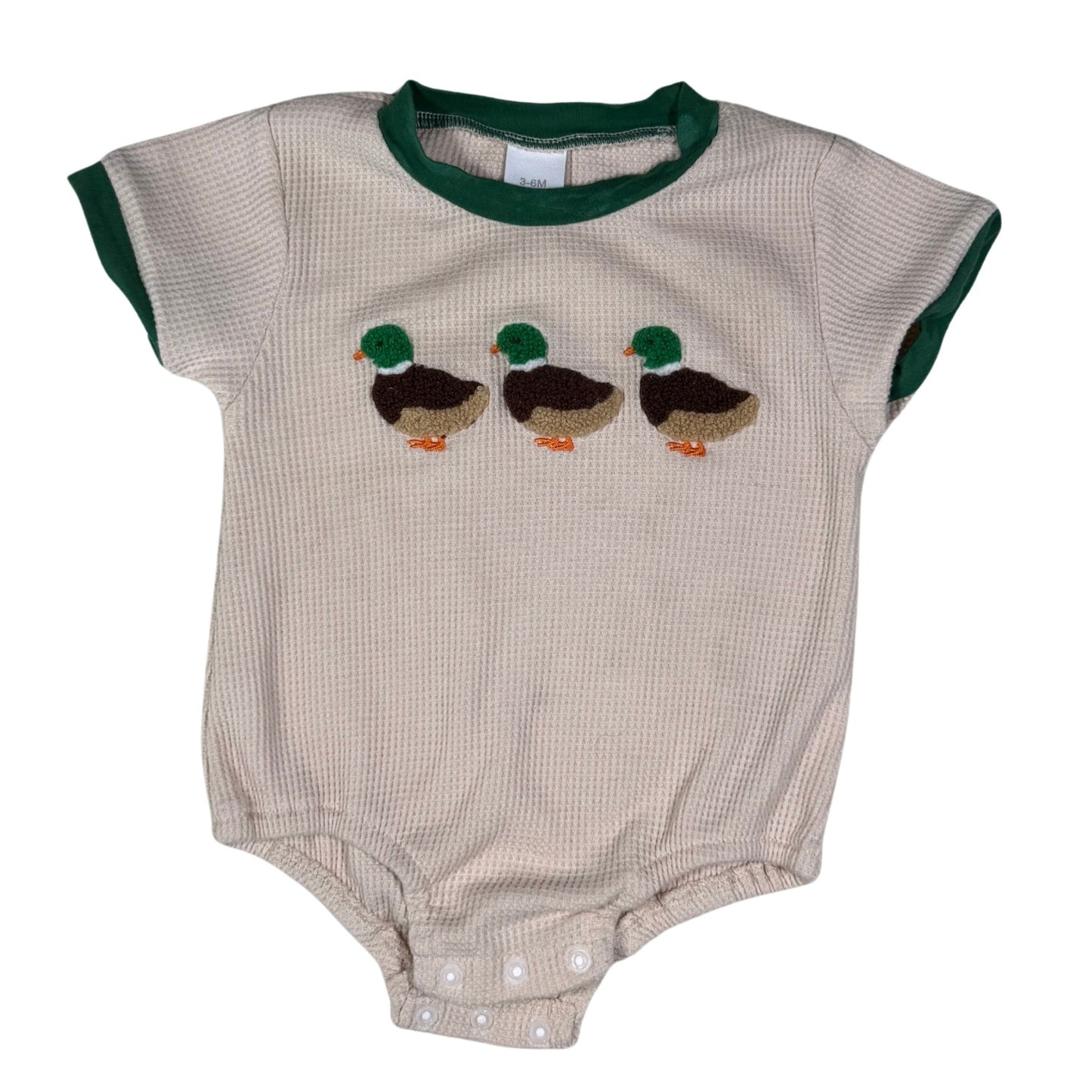 Baby boy cream waffle knit onesie with mallard duck embroidery front view