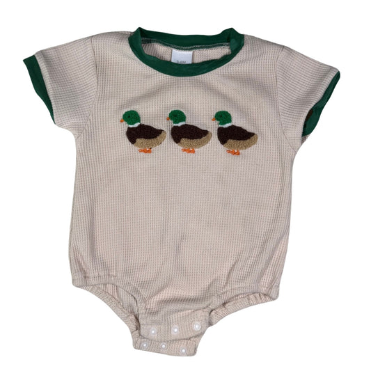 Baby boy cream waffle knit onesie with mallard duck embroidery front view