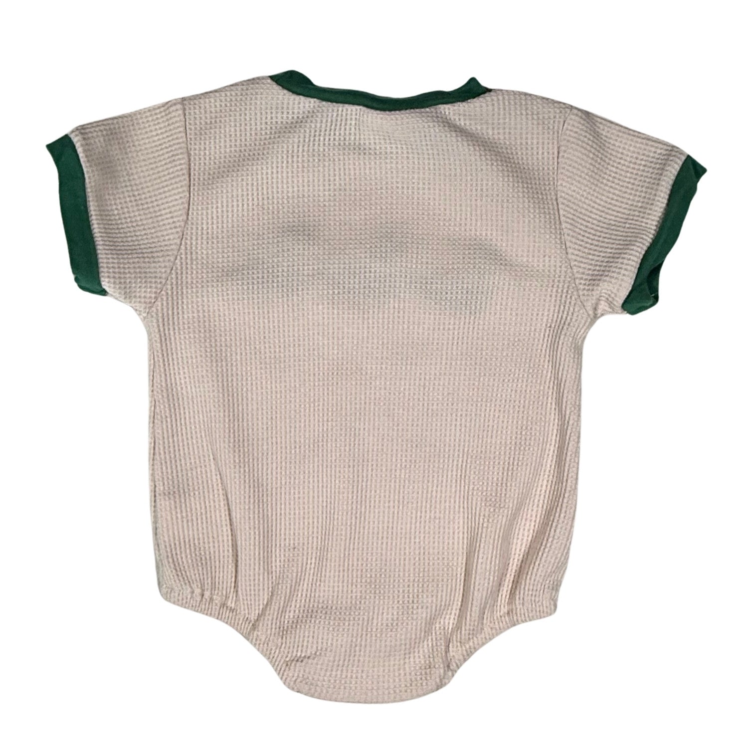 Cream baby onesie with green trim back view