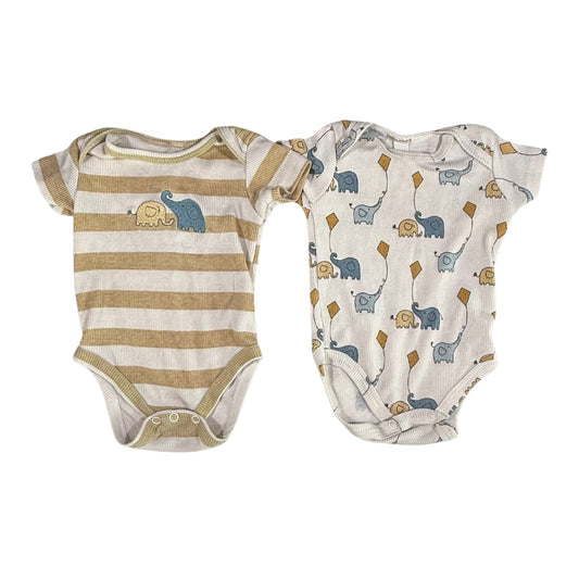 Baby boy 0-3 months onesie set of 2 cream neutral elephant print