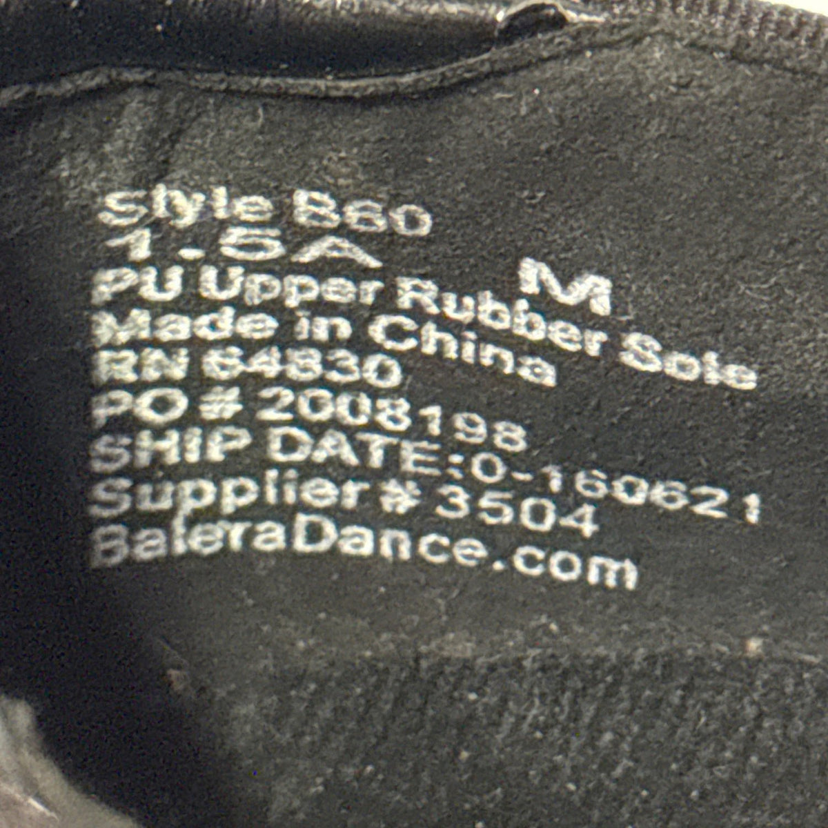 Balera tap shoe label showing style 560, size 1.5A, width M, PU upper, and rubber sole.
