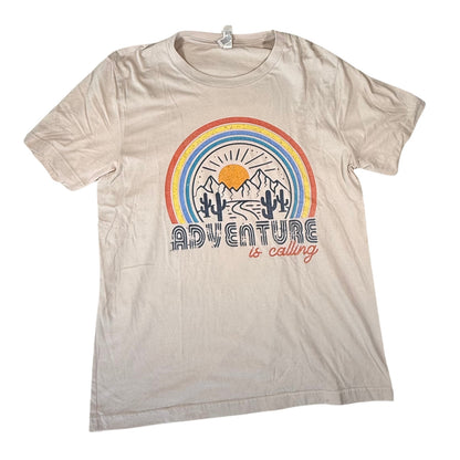 Beige graphic t-shirt with rainbow desert Adventure is Calling design front view