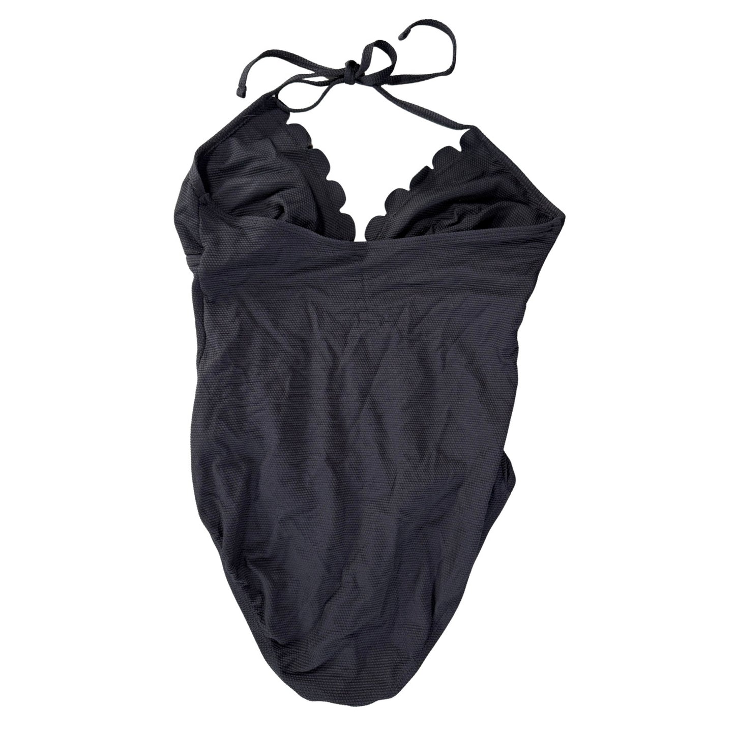 Black one piece swimsuit with scalloped neckline and halter tie