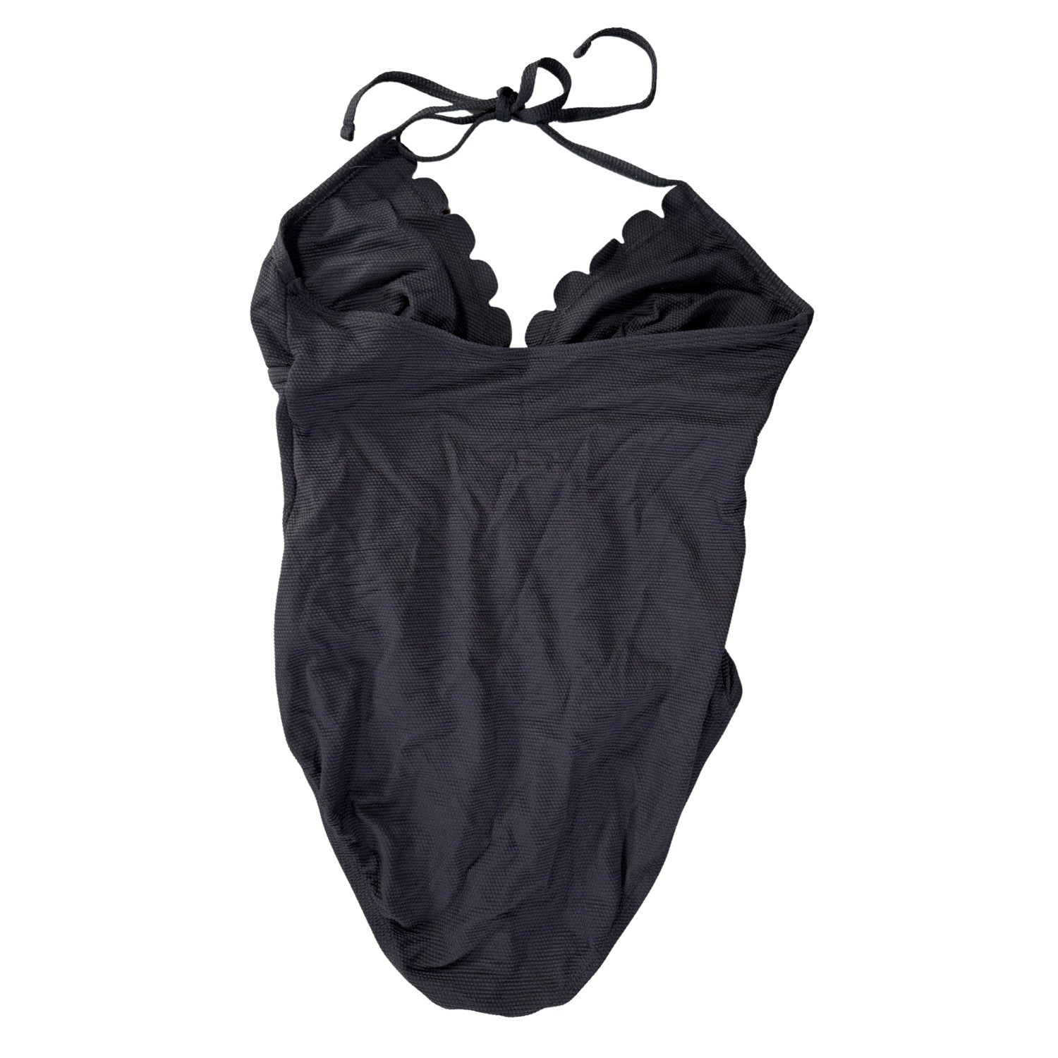 Black one piece swimsuit with scalloped neckline and halter tie