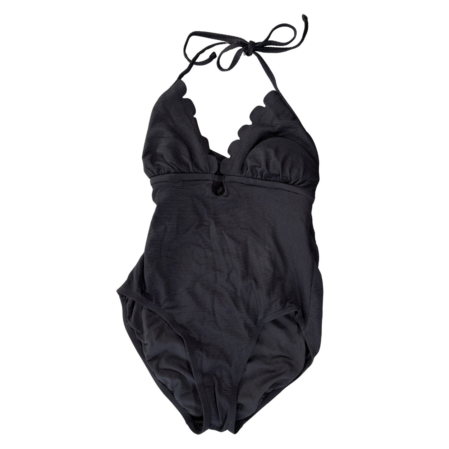 Black one piece swimsuit with scalloped neckline and halter tie