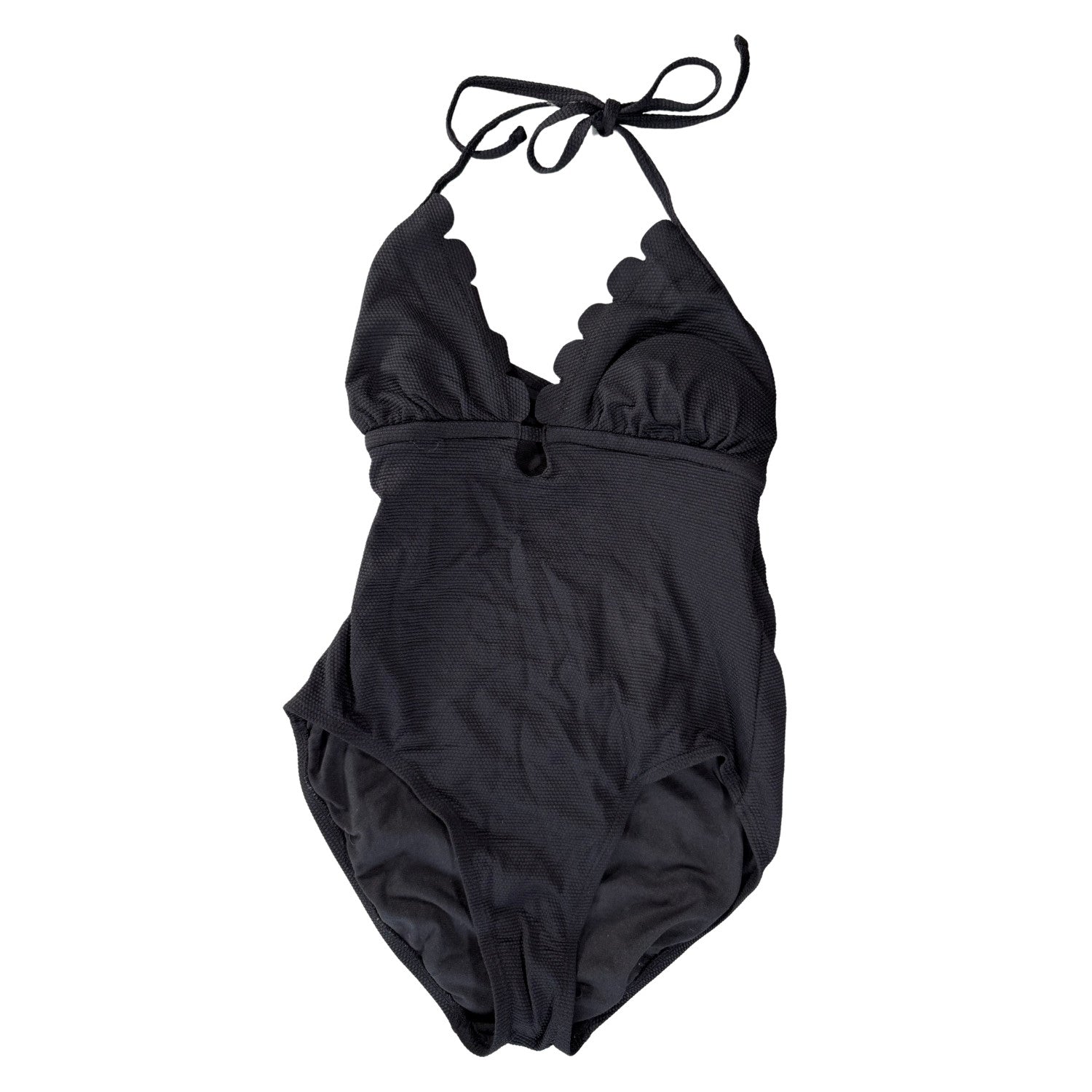 Black one piece swimsuit with scalloped neckline and halter tie