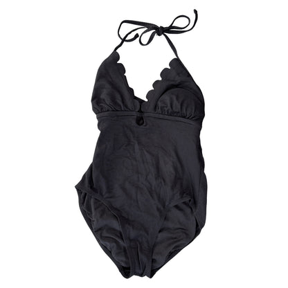 Black one piece swimsuit with scalloped neckline and halter tie