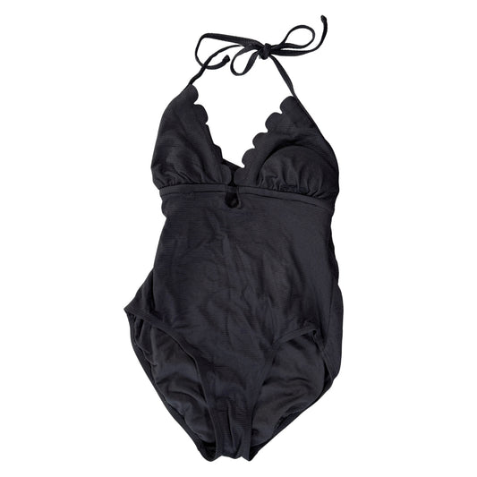 Black one piece swimsuit with scalloped neckline and halter tie